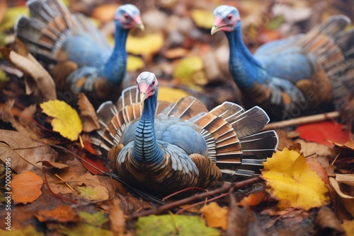 turkeys amidst fallen leaves