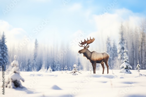 lone moose standing in snowy meadow
