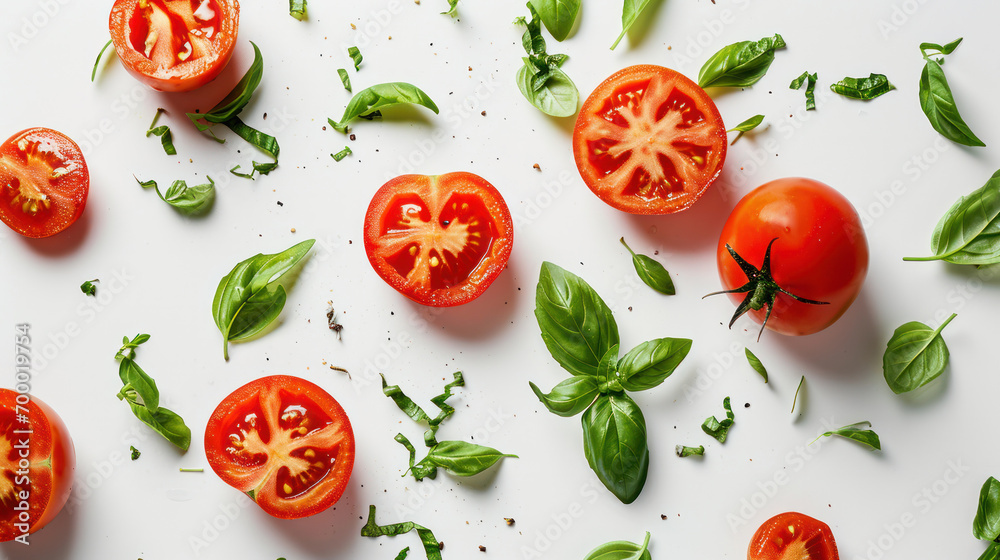 tomato and basil on white background tomato and basil on white background