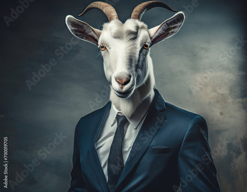 Anthropomorphic white male goat dressed in a business suit in the style of corporate photography over grey background