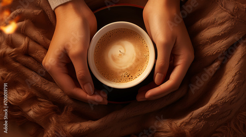 Close up of hands holding steaming hot drink coffee or hot chocolate in a coffee mug  photo