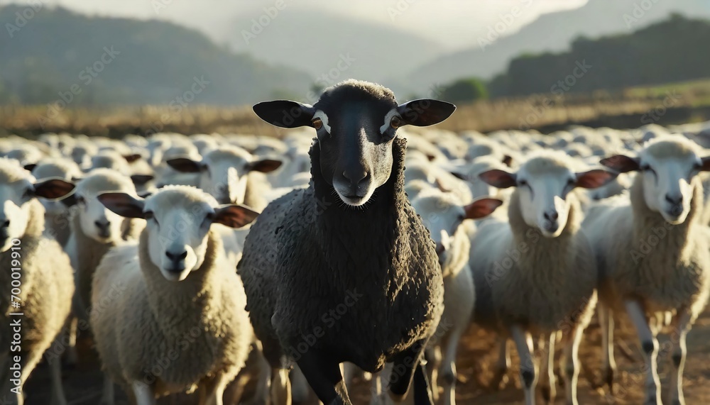 Fototapeta premium A black sheep among a flock of white sheep