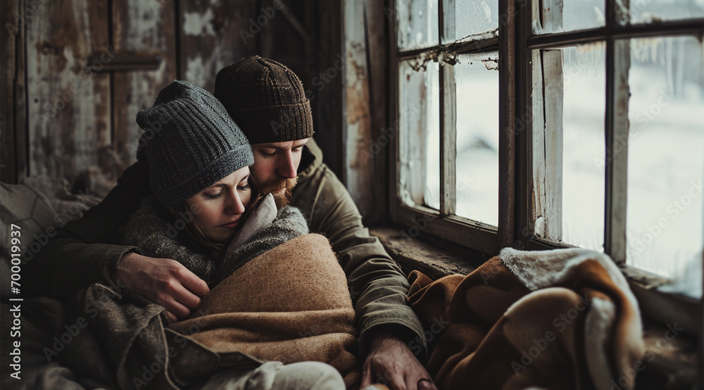 Couple in winter clothes sitting on the windowsill and looking out the window