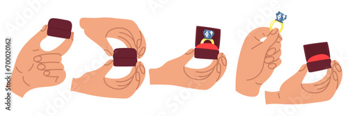 A set of marriage proposals, vector illustration of a flat design. A man in different hand positions makes an offer with a ring. Makes a marriage proposal. One man's hand holds a box with a ring photo