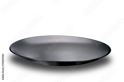 View of single empty black ceramic plate isolated on white background with clipping path.