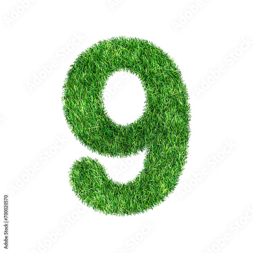 Grass letter NUMBER 9 isolated on transparent background