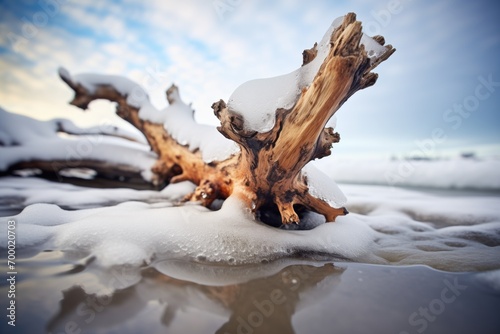 driftwood on snow with icy waves splashing around