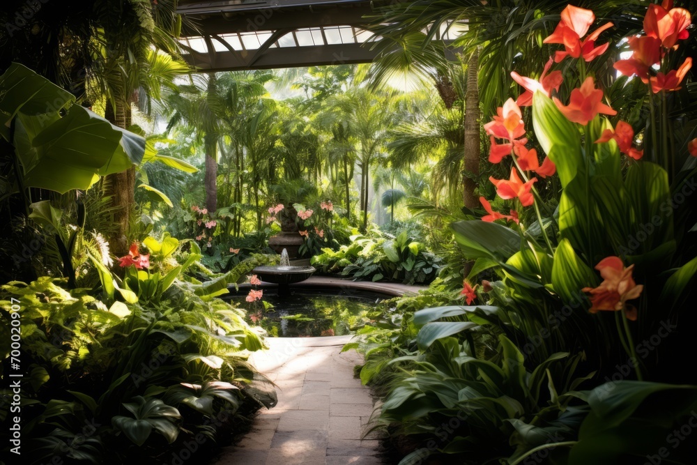 Exotic botanical garden filled with diverse tropical leaves and vibrant blooms, Generative AI