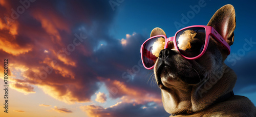 French Bulldog Admiring Sunset in Cool Sunglasses