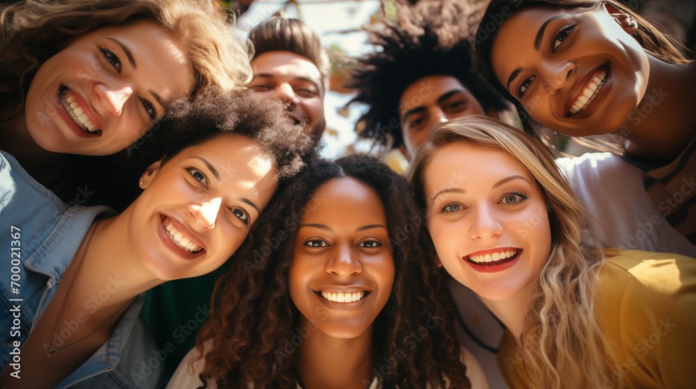 Diverse group of happy friends taking a selfie together, smiling at the camera, close-up.