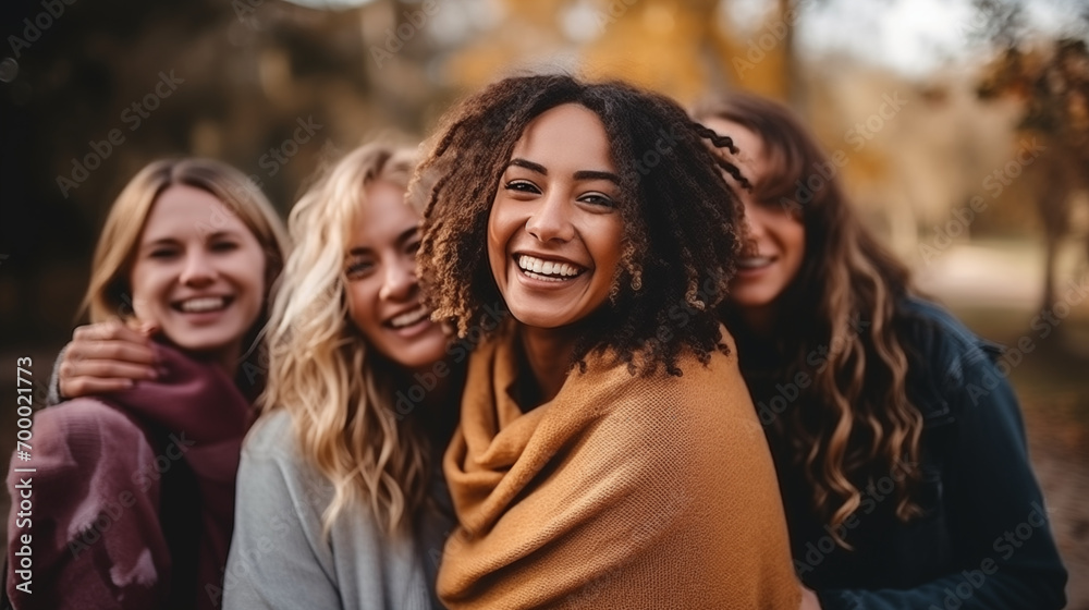 Group of diverse young women smiling and hugging in an autumn park, portraying friendship and happiness. Group of diverse young women smiling and hugging in an autumn park, portraying friendship and happiness.