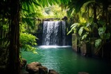 Exotic greenery framing a serene waterfall in the heart of a tropical paradise, Generative AI