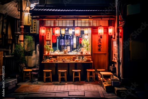Asian bar with lanterns in an alley at night, game concept