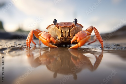 wet sand reflecting a crab under the afternoon sun