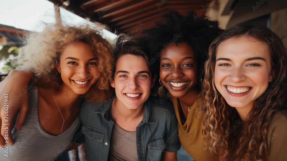 Group of diverse, happy friends taking a selfie together. Group of diverse, happy friends taking a selfie together.
