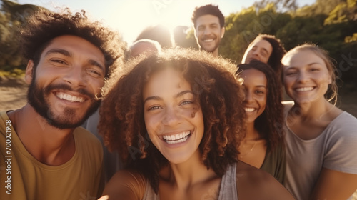 Group of diverse friends taking a selfie in sunlight  smiling outdoors.