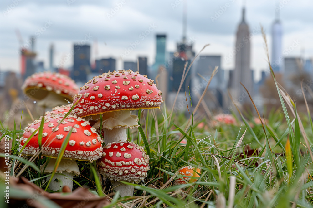 Red fly agaric mushrooms (Amanita muscaria) in New York City, USA on the background of a view of the city, skyscrapers and the Empire State Building. Mushrooms in the city