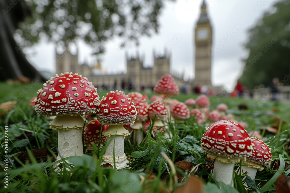 Red fly agaric mushrooms (Amanita muscaria) in London, United Kingdom against the background of the Big Ben. Mushrooms in the city