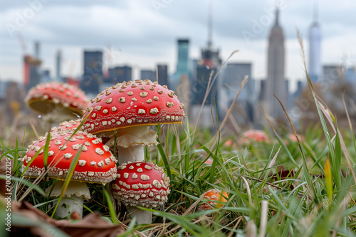 Obraz na płótnie Red fly agaric mushrooms (Amanita muscaria) in New York City, USA on the background of a view of the city, skyscrapers and the Empire State Building. Mushrooms in the city w salonie
