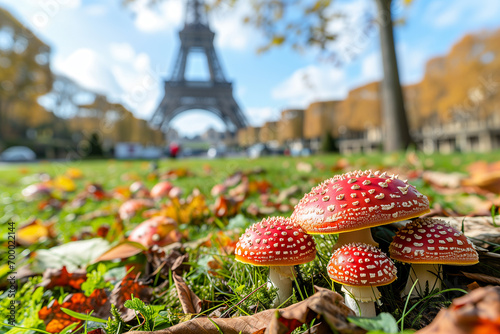 Red fly agaric mushrooms (Amanita muscaria) in Paris, France against the background of the Eiffel Tower. Mushrooms in the city