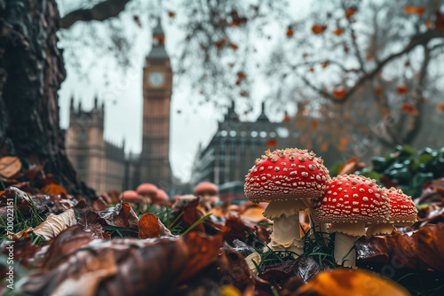 Obraz na płótnie Red fly agaric mushrooms (Amanita muscaria) in London, England against the background of the Big Ben. Mushrooms in the city w salonie