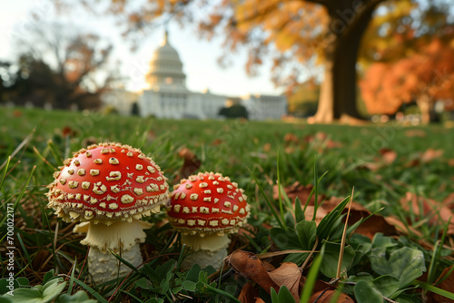 Obraz na płótnie Red fly agaric mushrooms (Amanita muscaria) in Washington, D.C., USA against the background of the United States Capitol. Mushrooms in the city w salonie