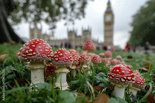 Obraz na płótnie Red fly agaric mushrooms (Amanita muscaria) in London, United Kingdom against the background of the Big Ben. Mushrooms in the city w salonie