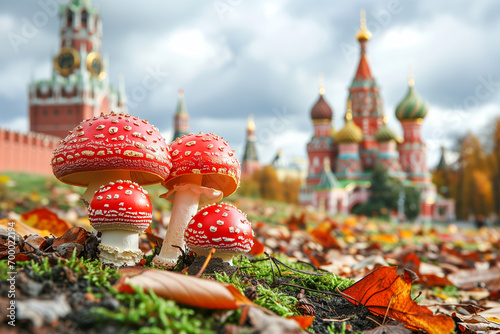 Red fly agaric mushrooms (Amanita muscaria) in Moscow, Russia against the background of the Kremlin and the Cathedral of Vasily the Blessed. Mushrooms in the city photo