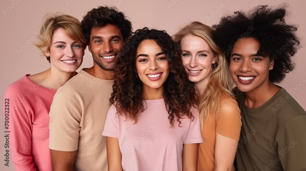 Group of diverse, smiling young adults standing in a row against a neutral background. Group of diverse, smiling young adults standing in a row against a neutral background.