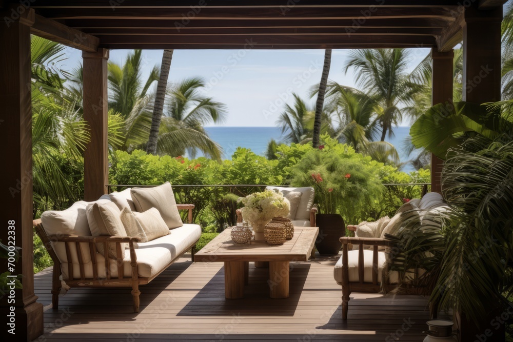 Greenery-filled terrace overlooking the ocean, surrounded by tropical plant life, Generative AI