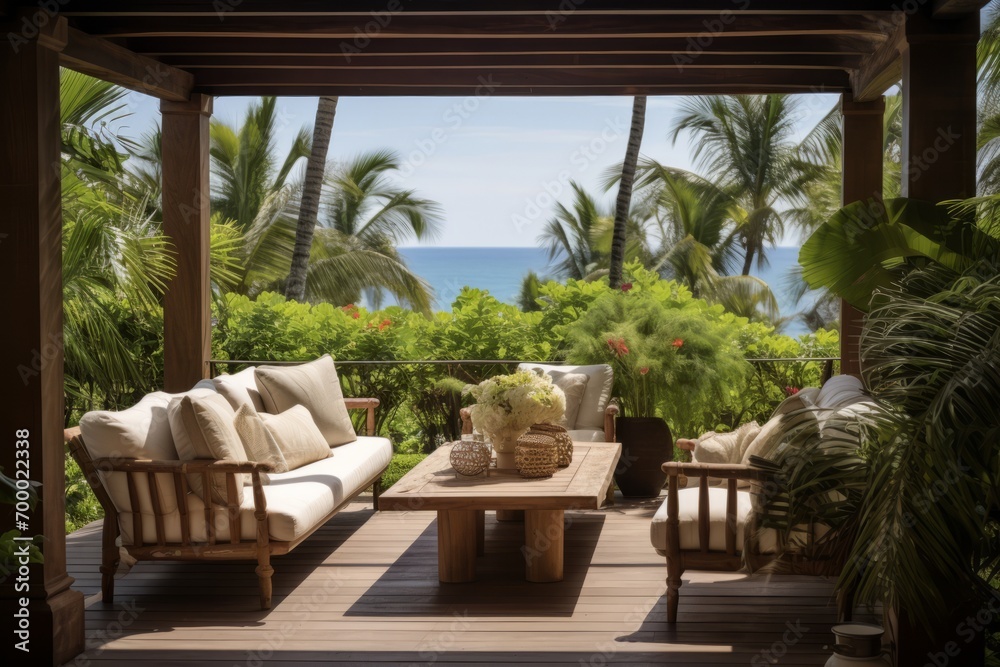 Obraz premium Greenery-filled terrace overlooking the ocean, surrounded by tropical plant life, Generative AI