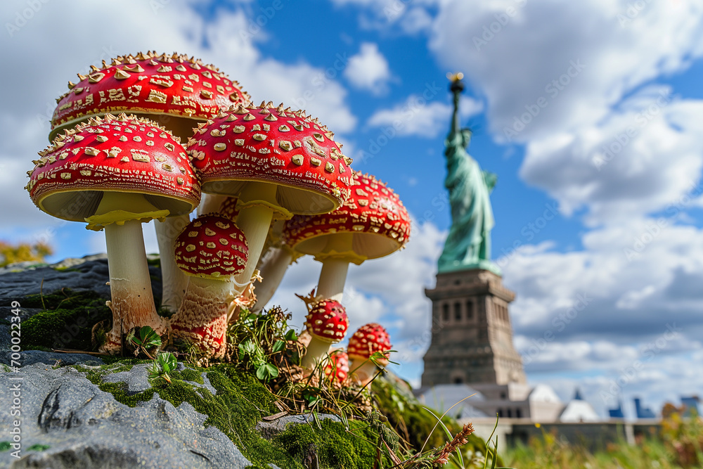 Red fly agaric mushrooms (Amanita muscaria) in New York City, USA on the background of the Statue of Liberty. Mushrooms in the city