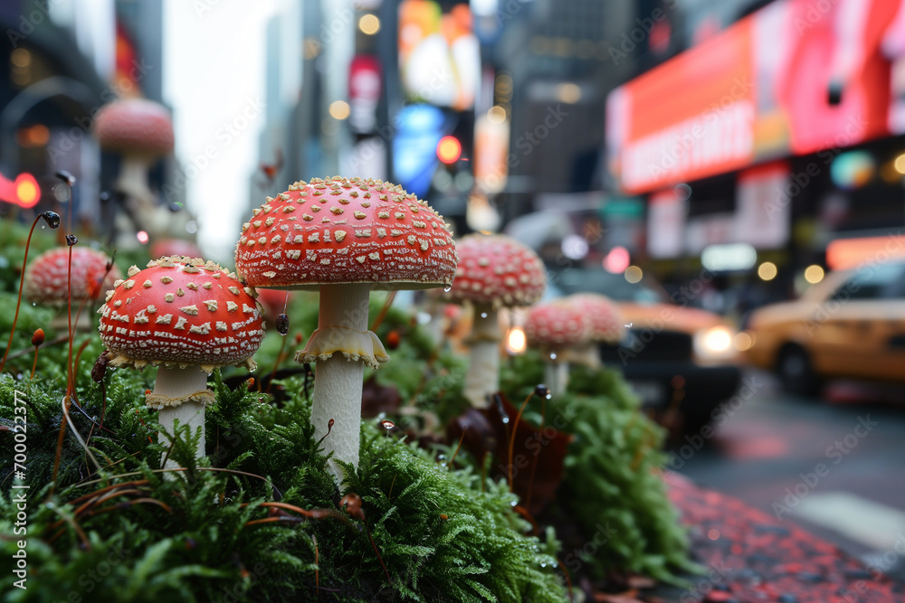 Red fly agaric mushrooms (Amanita muscaria) in New York City, USA in Times Square. Mushrooms in the city