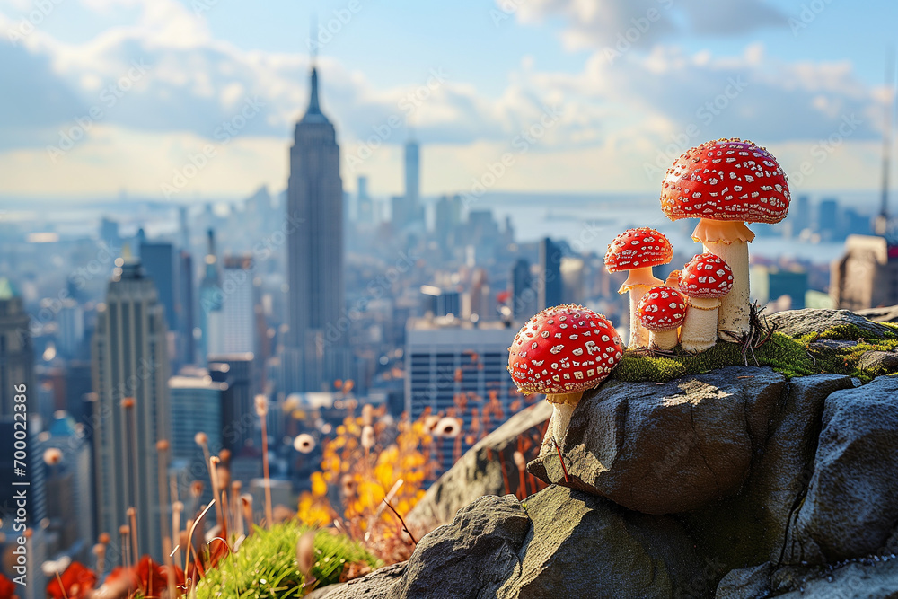 Red fly agaric mushrooms (Amanita muscaria) in New York City, USA on the background of a view of the city and skyscrapers. Mushrooms in the city