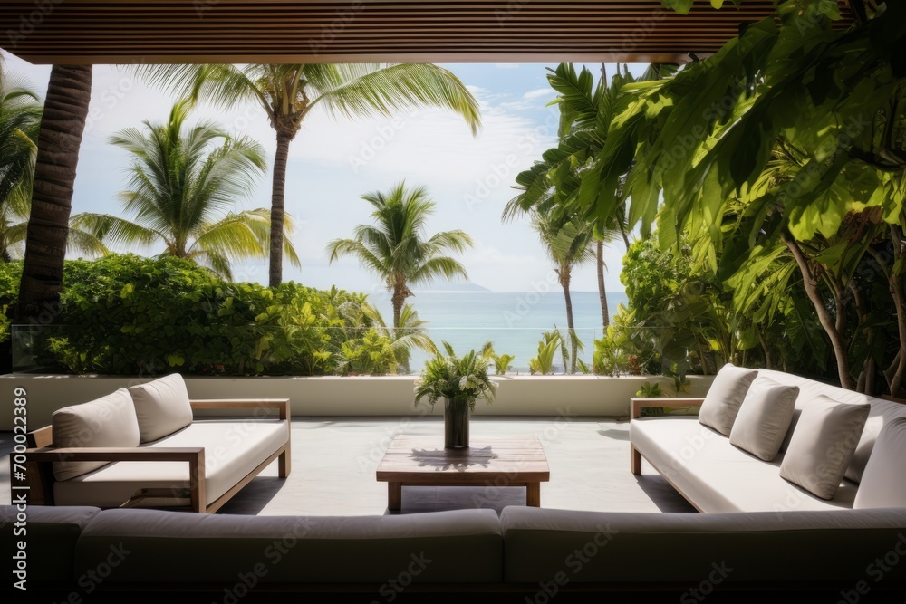 Greenery-filled terrace overlooking the ocean, surrounded by tropical plant life, Generative AI