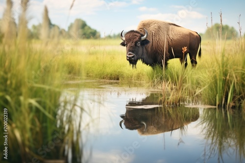 buffalo beside a natural prairie pond