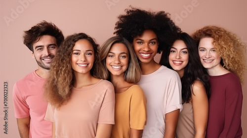 Group of diverse, smiling young adults standing in a row against a neutral background.