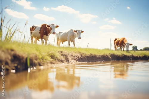 cows drinking from a pond under the midday sun photo