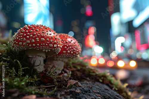 Obraz na płótnie Red fly agaric mushrooms (Amanita muscaria) on the background of a busy night street. Mushrooms in the city w salonie