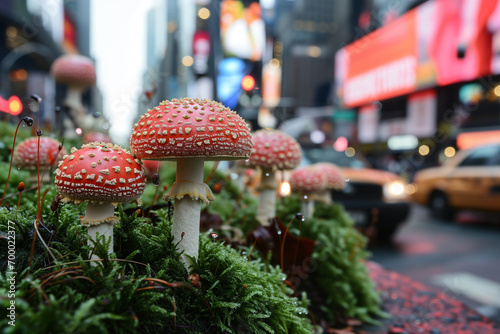 Obraz na płótnie Red fly agaric mushrooms (Amanita muscaria) in New York City, USA in Times Square. Mushrooms in the city w salonie