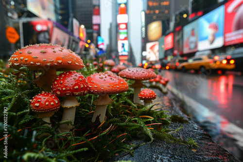 Red fly agaric mushrooms (Amanita muscaria) in New York City, USA in Times Square. Mushrooms in the city