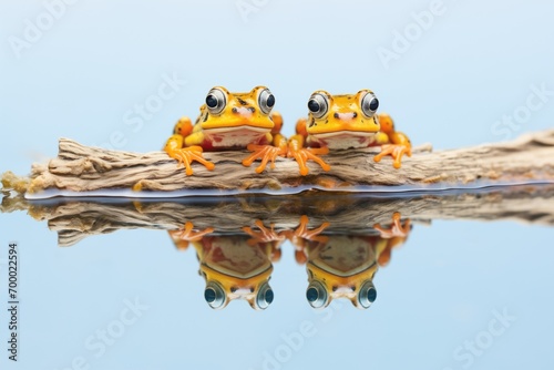 mirror image of croaking frogs on lake surface photo