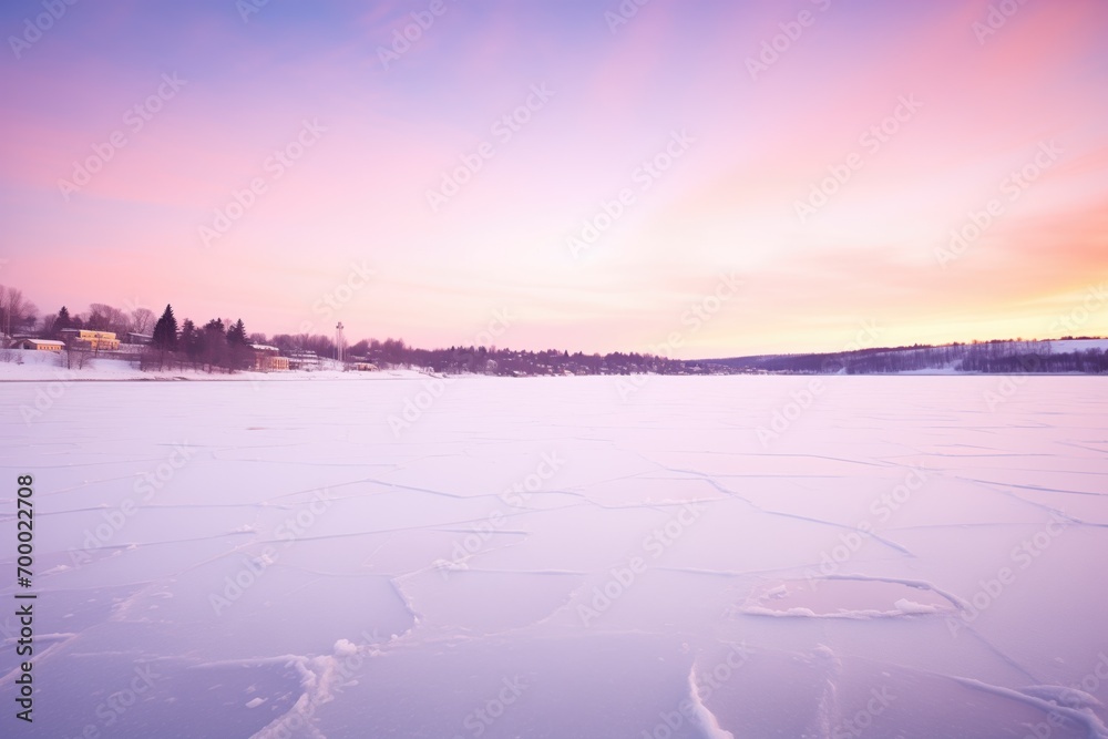 sunset casting pink hues on a frozen lake surface