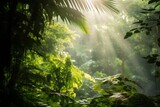 Sunlight filtering through layers of tropical leaves in a serene forest, Generative AI