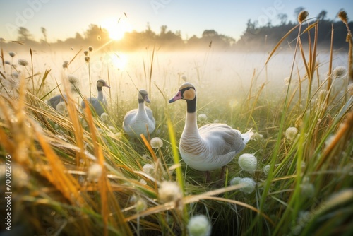 dew-covered grass with honking geese at sunrise photo