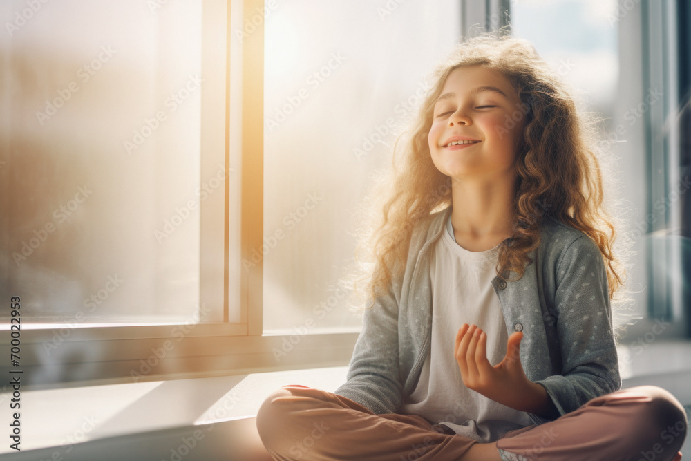 girl smiles and sits in lotus position near the window