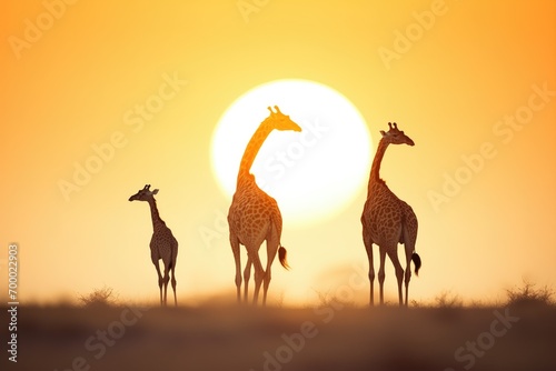 silhouette of giraffe pair with a calf at sunset