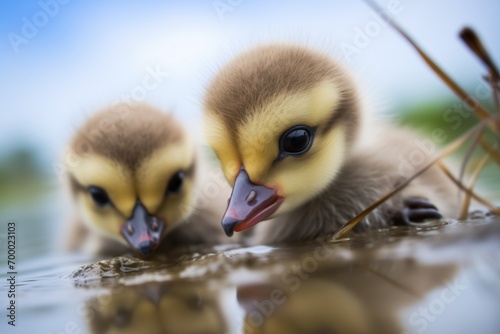 goslings peering curiously into the water
