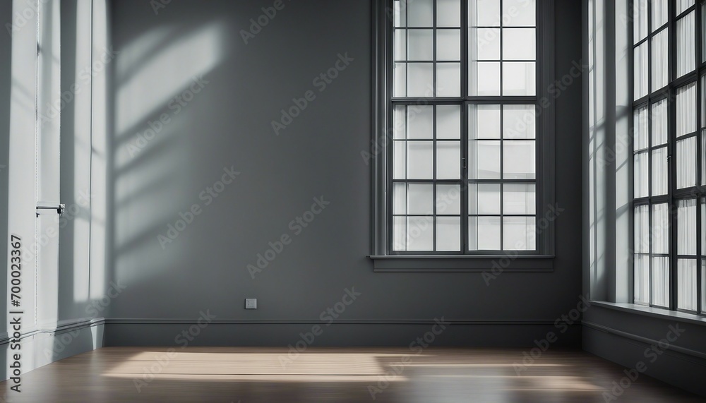 Empty gray room with large windows. 3D rendering. Mock up.