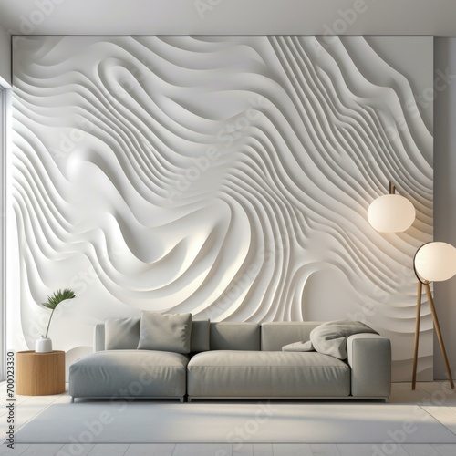 A modern living room with a mesmerizing wave wall mural. Generative AI.